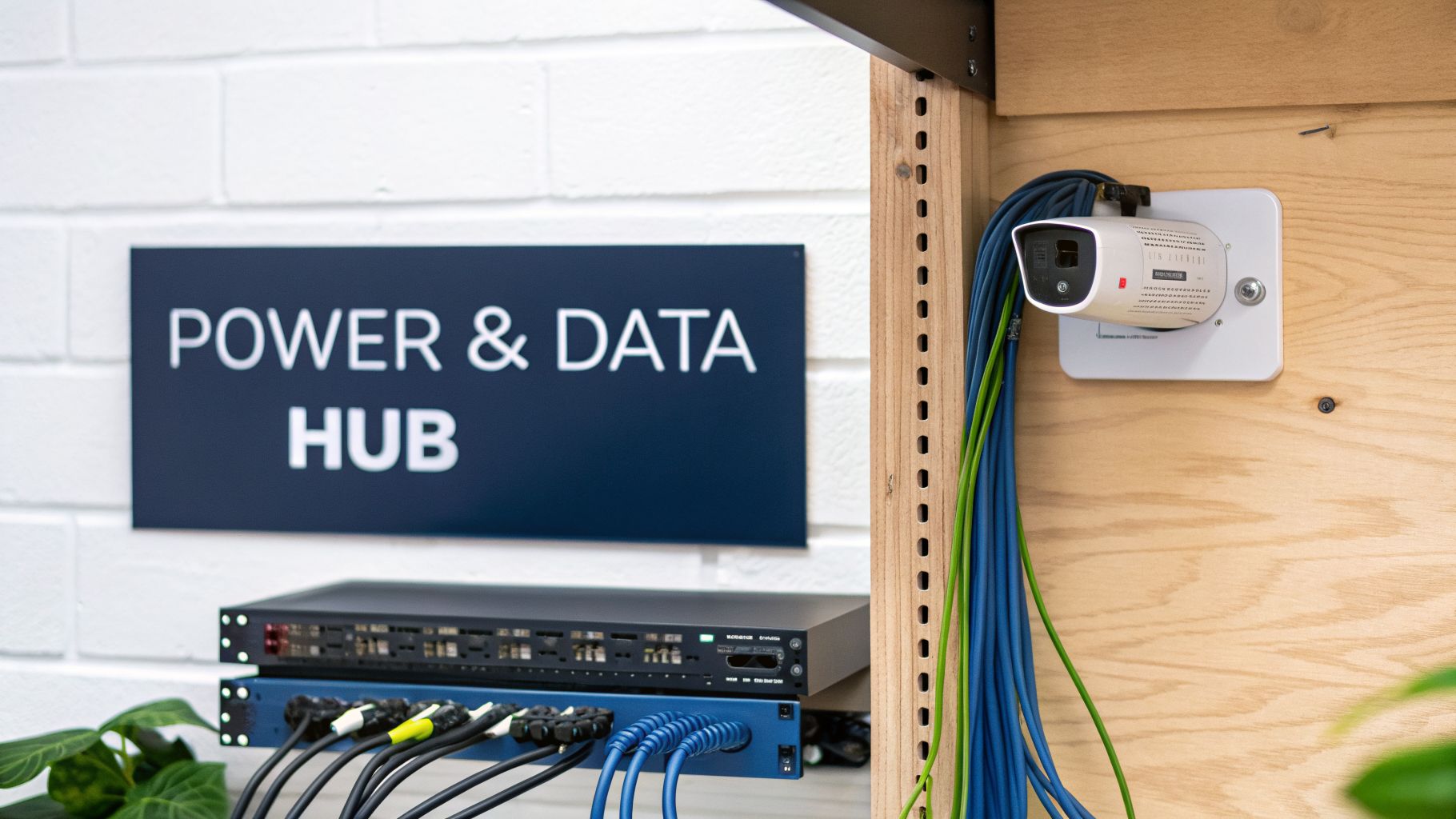 A power and data hub with network equipment, colorful cables, and a security camera.