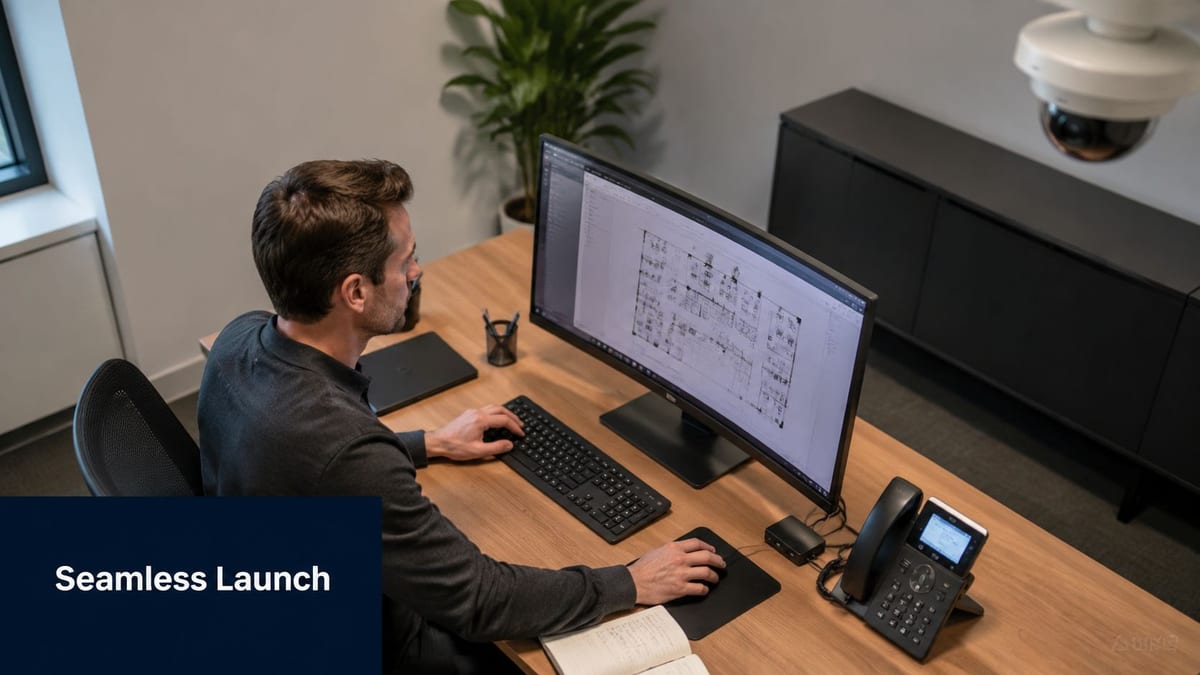 A professional man working on architectural floor plans on a computer at a tidy office desk.