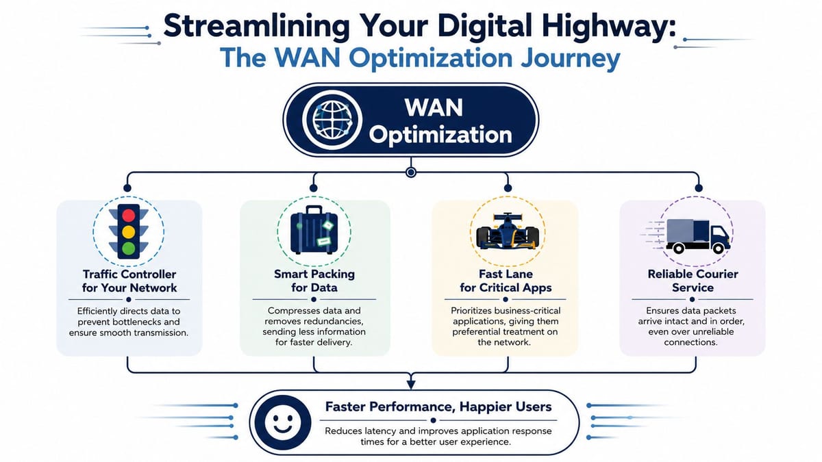 A diagram illustrating how WAN optimization improves network efficiency, data speed, and user experience.
