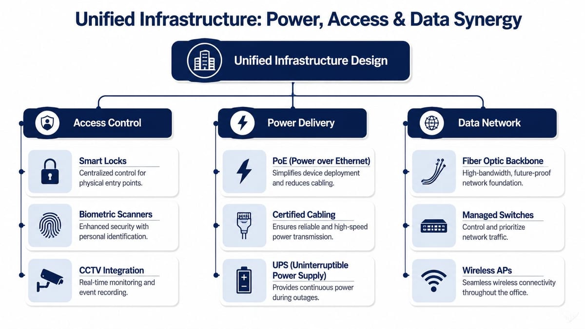 A diagram illustrating unified infrastructure design combining access control, power delivery, and data network systems.