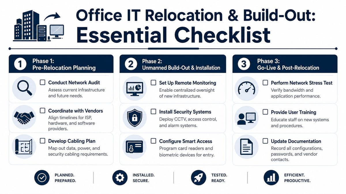 A comprehensive three-phase checklist for successful office IT relocation and infrastructure build-out projects.