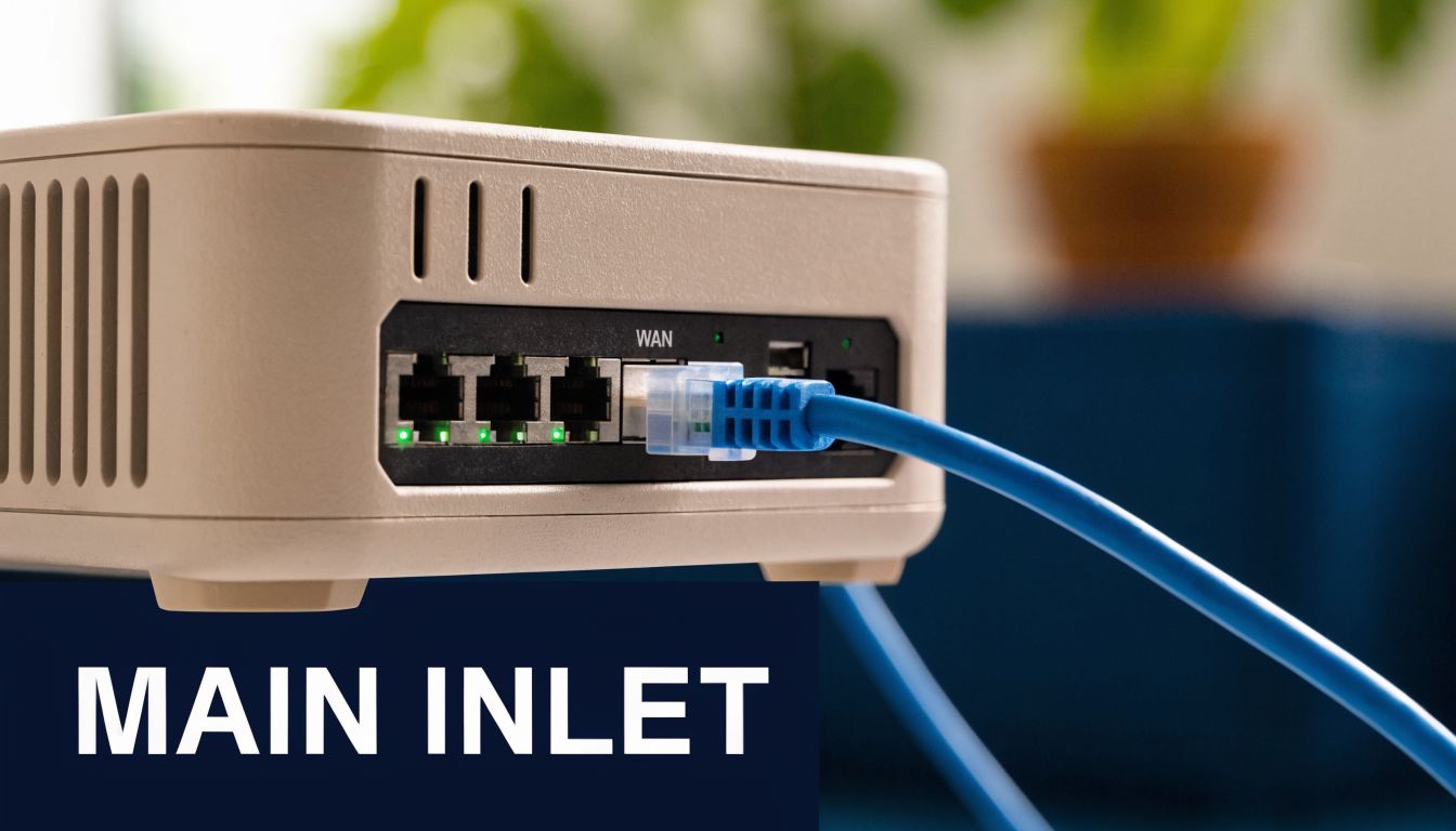 A close-up view of a router back panel highlighting the blue ethernet cable connected to the WAN port.