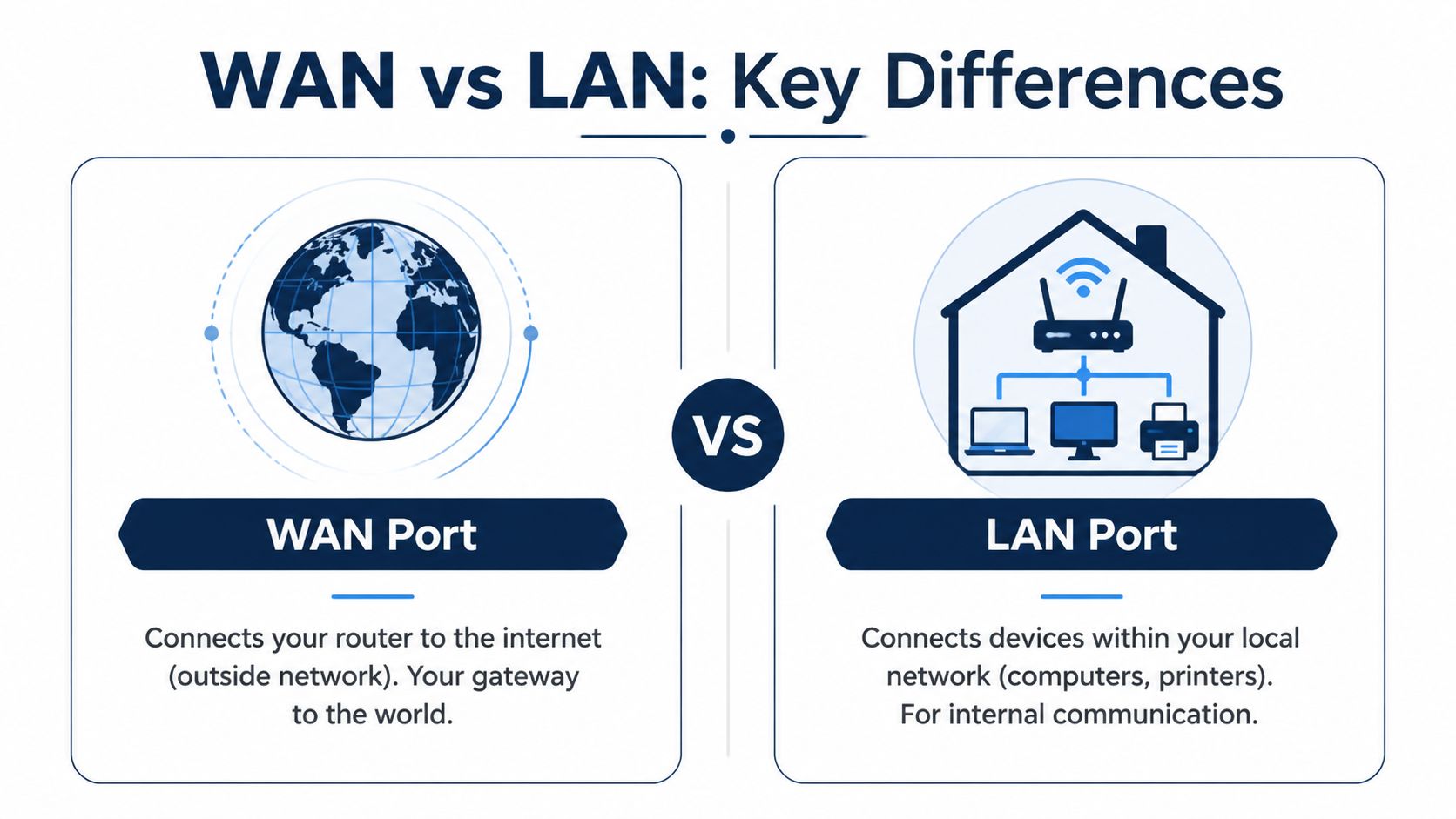 An infographic comparing WAN and LAN ports on a router, explaining their connectivity and function.