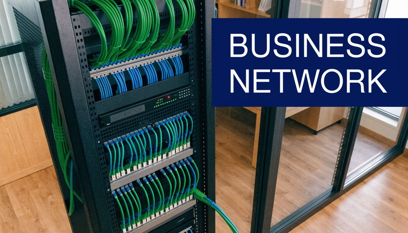 A server rack with numerous green and blue ethernet cables organized in a business office setting.