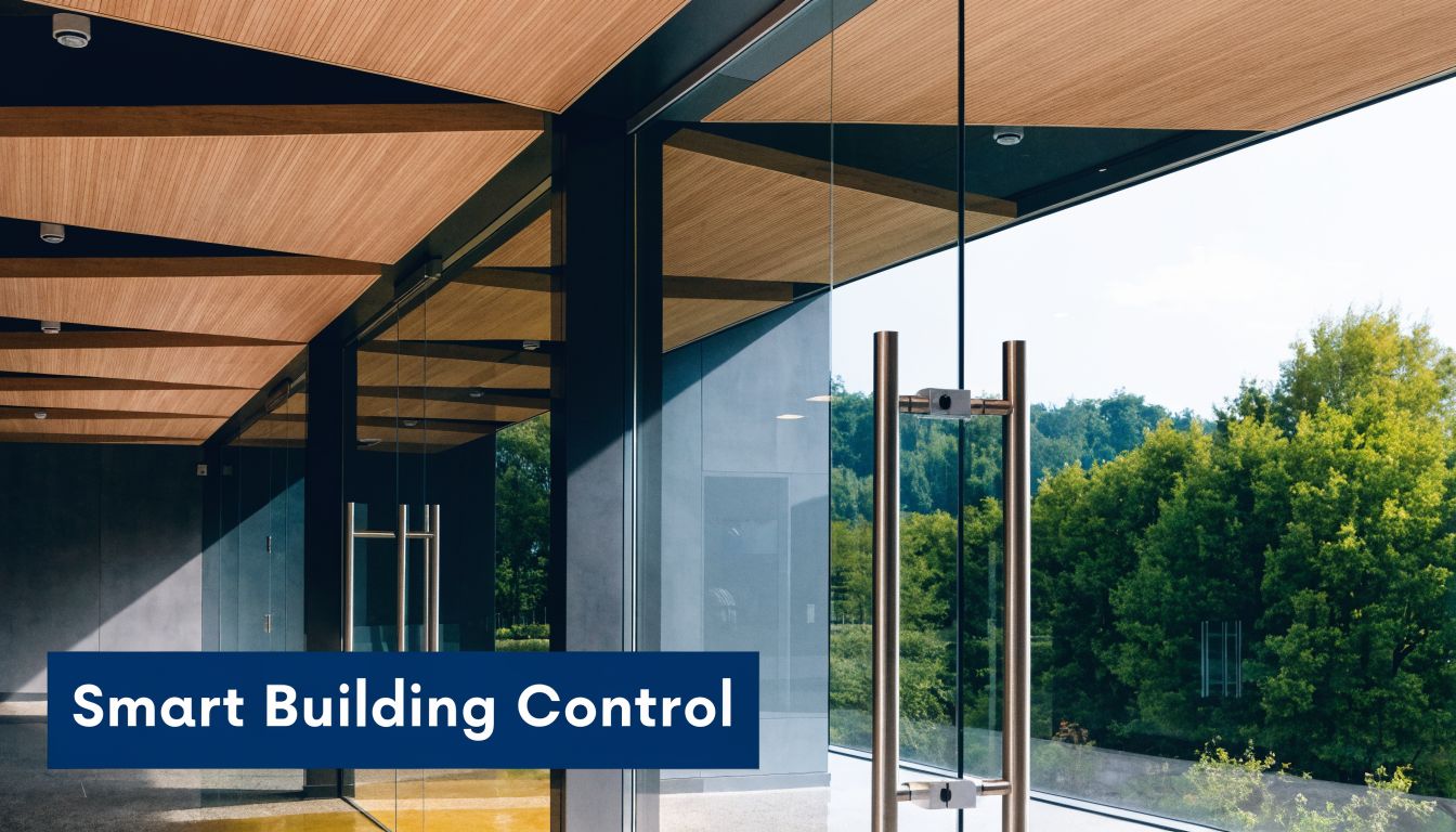A modern building entrance with large glass doors and contemporary wooden ceilings reflecting the outside landscape.