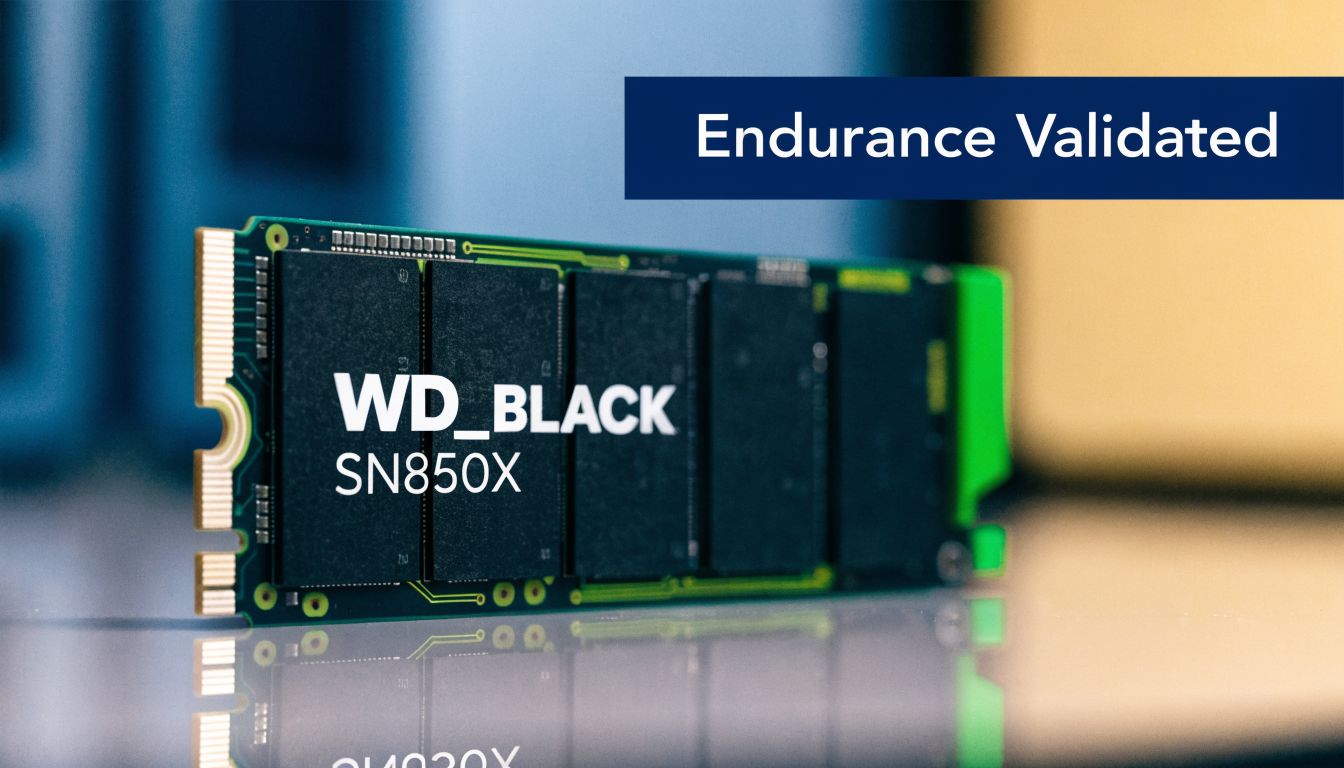 A WD_BLACK SN850X NVMe solid state drive showcased with an Endurance Validated label on a reflective surface.