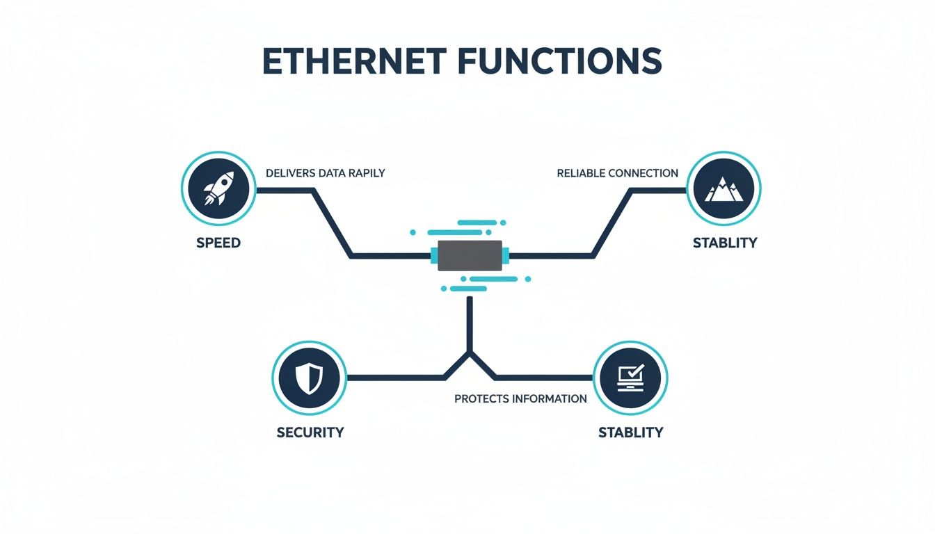 Infographic detailing Ethernet functions: speed, reliable connection, security, and information protection.