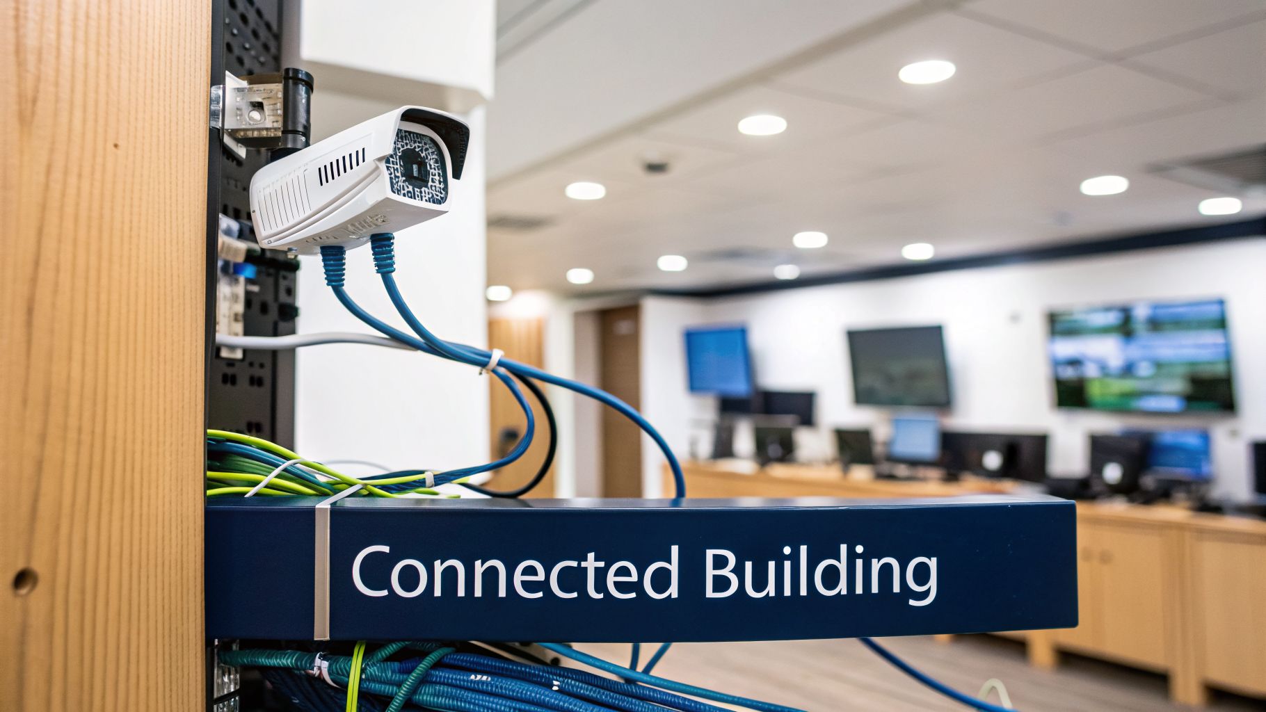 A white security camera and a 'Connected Building' network switch with colorful Ethernet cables in an IT room.
