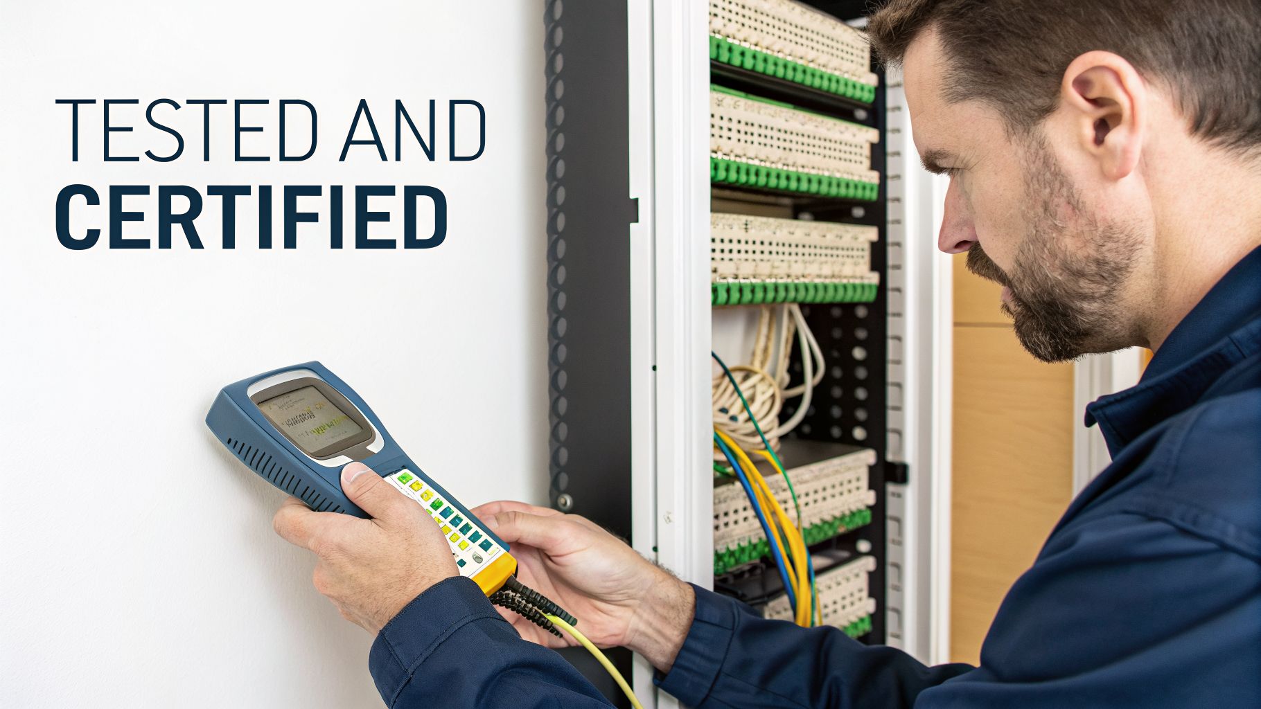 Man testing ethernet cables in a data cabinet with a handheld device, displaying "TESTED AND CERTIFIED".