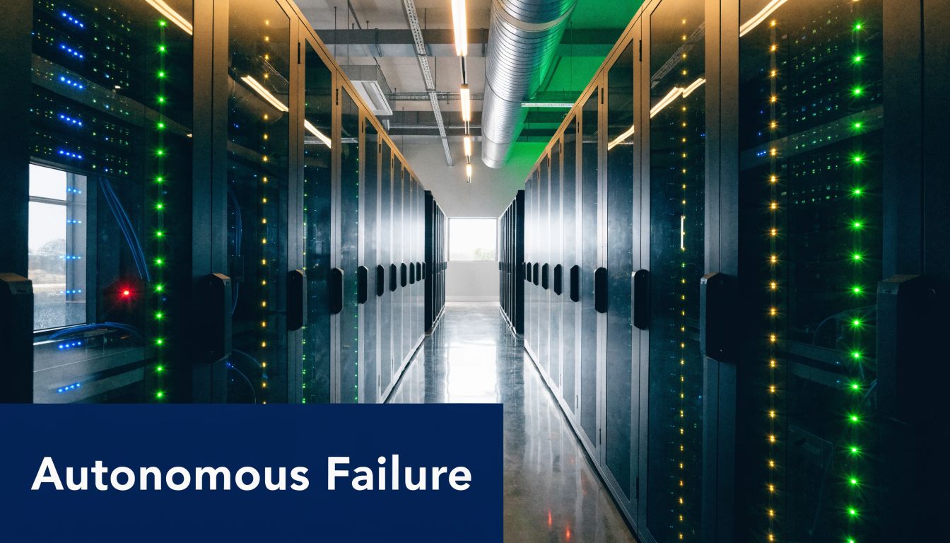 A modern data center corridor with server racks and green indicator lights illuminated in a facility.