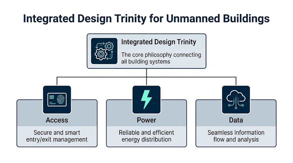 A diagram illustrating the Integrated Design Trinity concept for managing unmanned buildings through access, power, and data.