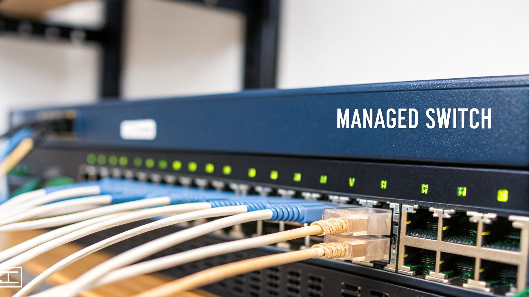 Close-up of a blue managed network switch with many Ethernet cables connected and indicator lights on.