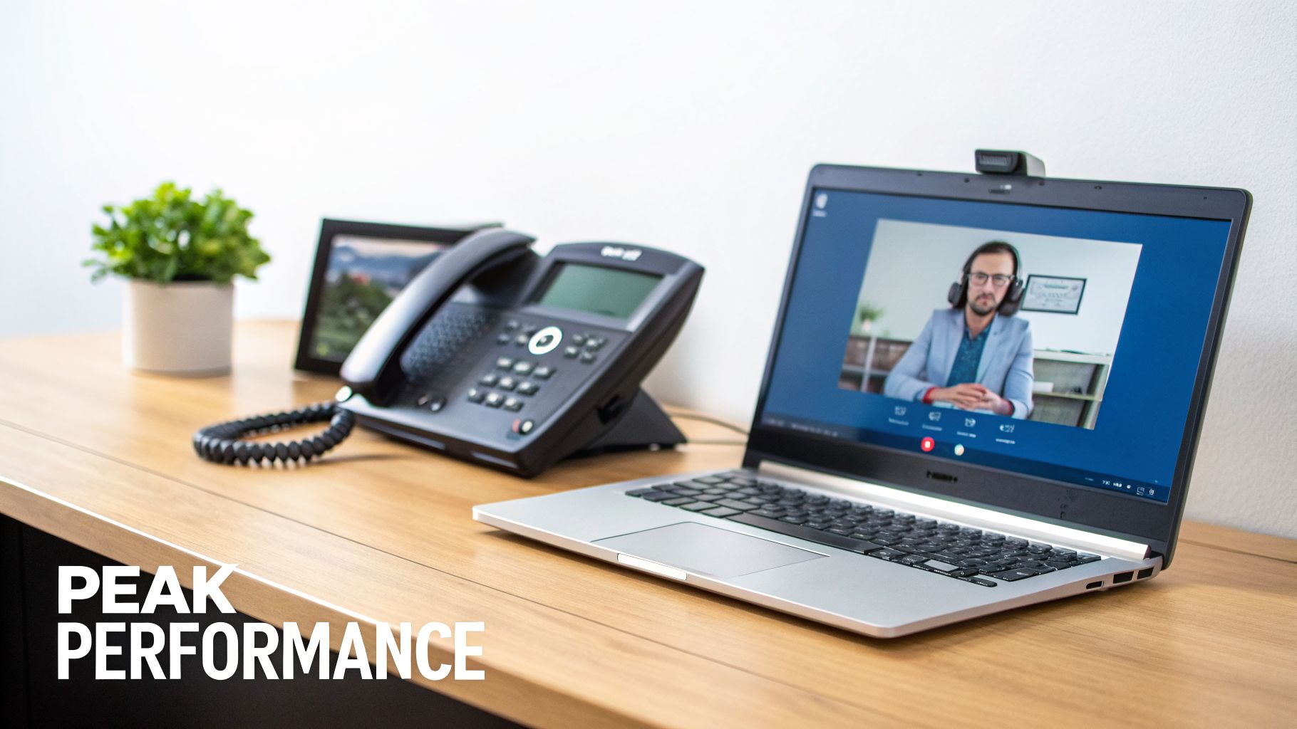 Laptop on a desk displaying a video call, an office phone, and a plant, symbolizing peak performance.