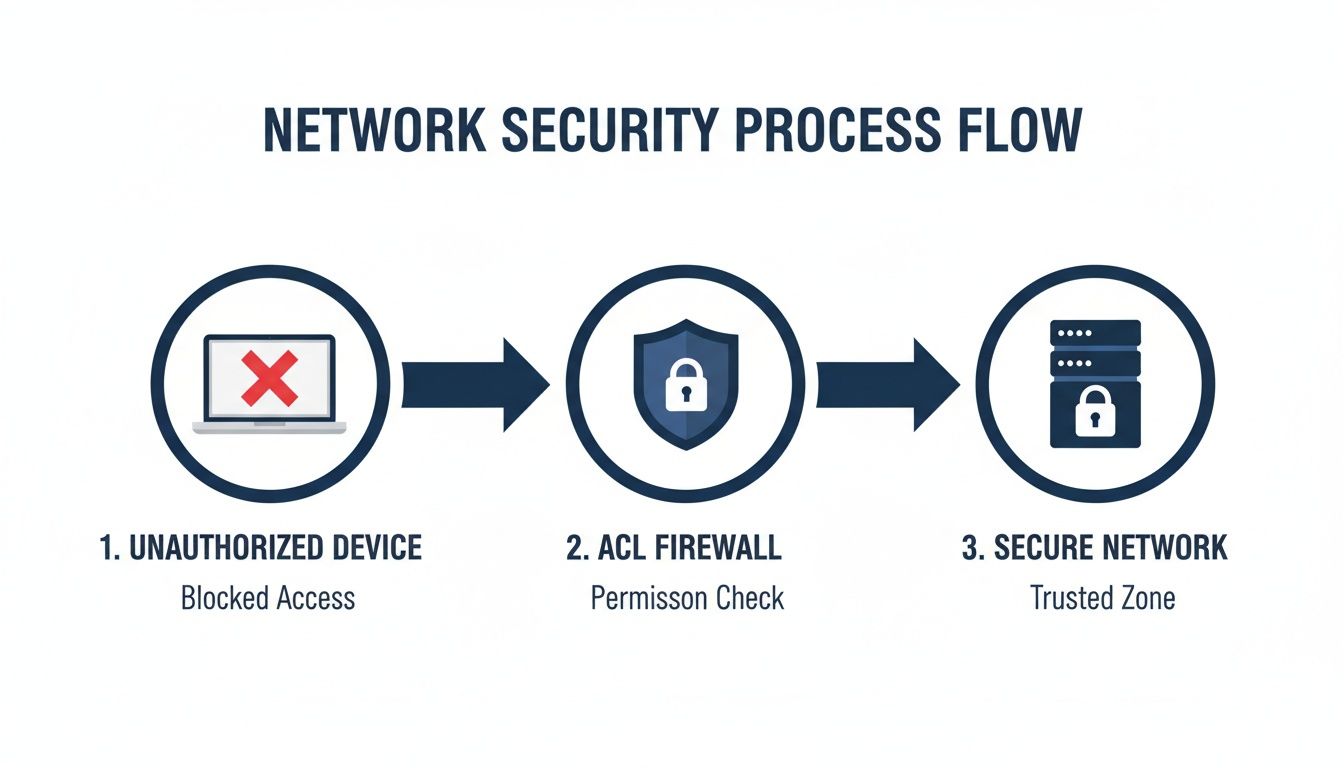 A diagram illustrating a network security process flow, showing an unauthorized device blocked by an ACL firewall before accessing a secure network.