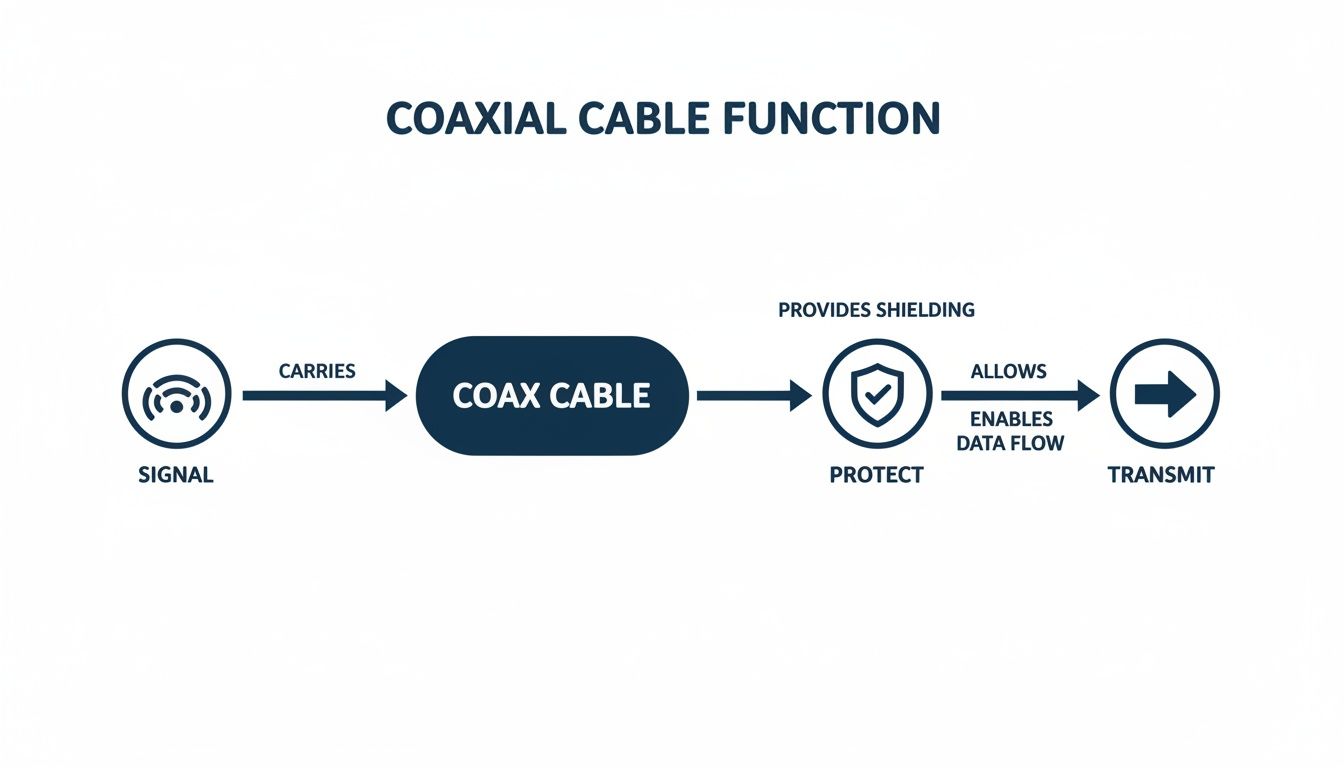 Diagram showing coaxial cable function: carrying signals, providing shielding for protection, and enabling data transmission.