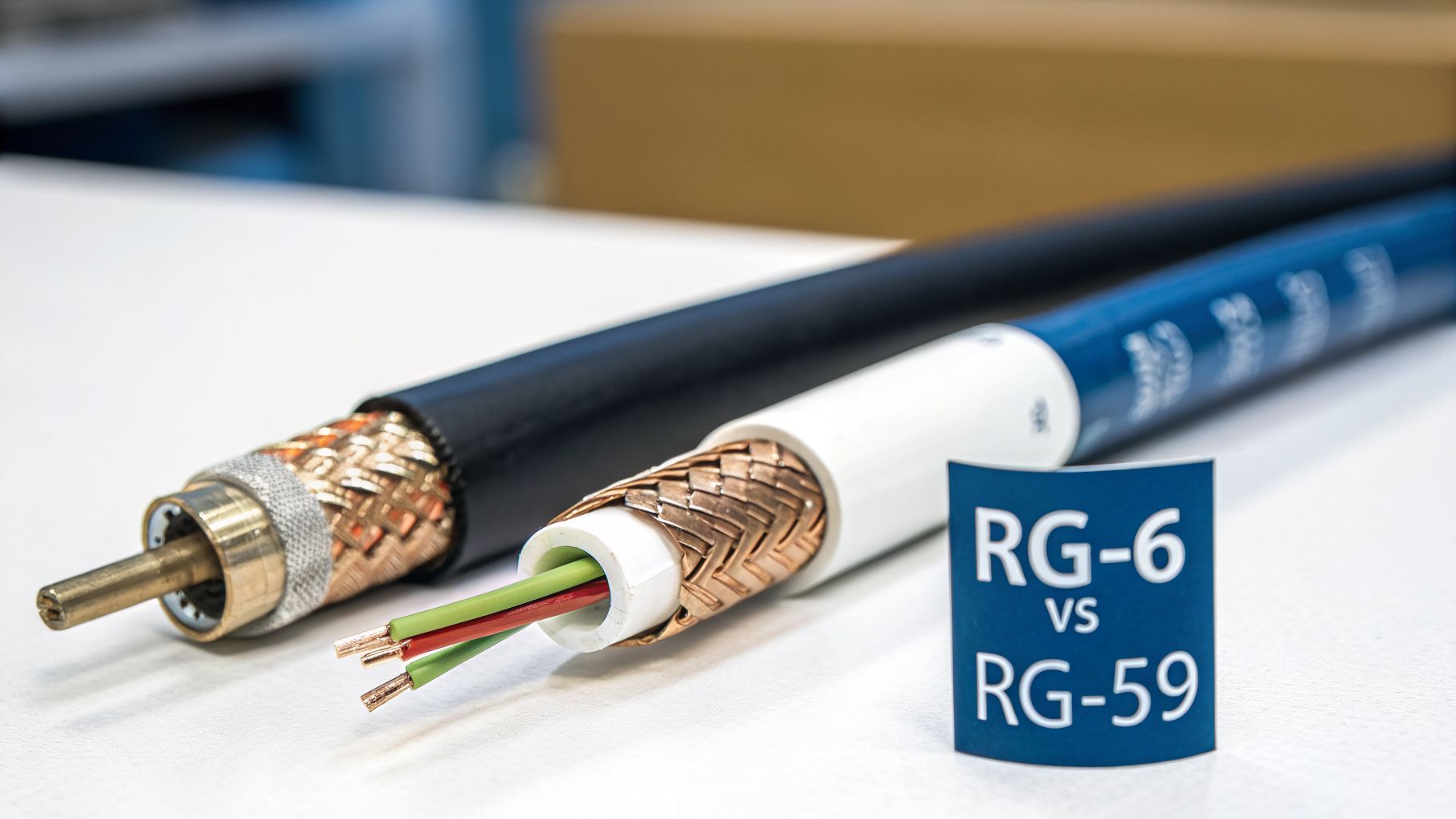 Close-up of exposed RG-6 and RG-59 coaxial cables with a label comparing them.