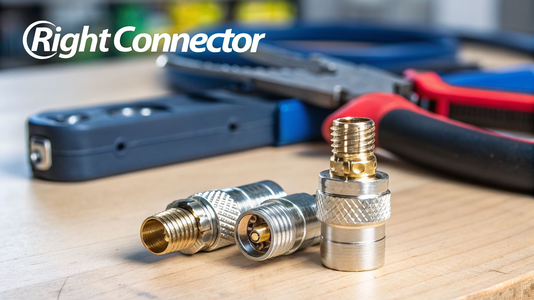 Three shiny coaxial RF connectors on a wooden table, with tools and the 'Right Connector' logo in the background.