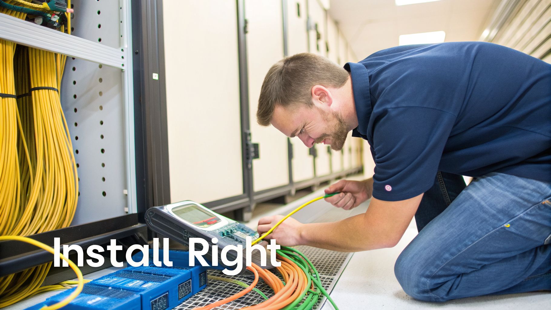 A technician kneels in a server room, working with fiber optic cables and a testing device.