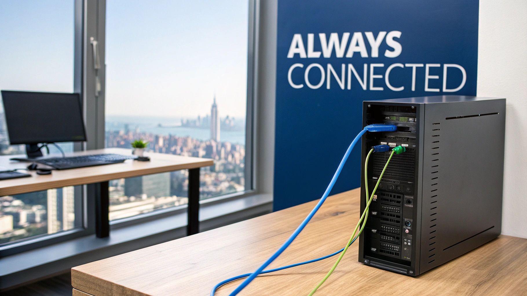 A black server tower with blue and green network cables connected, in an office with a cityscape view.