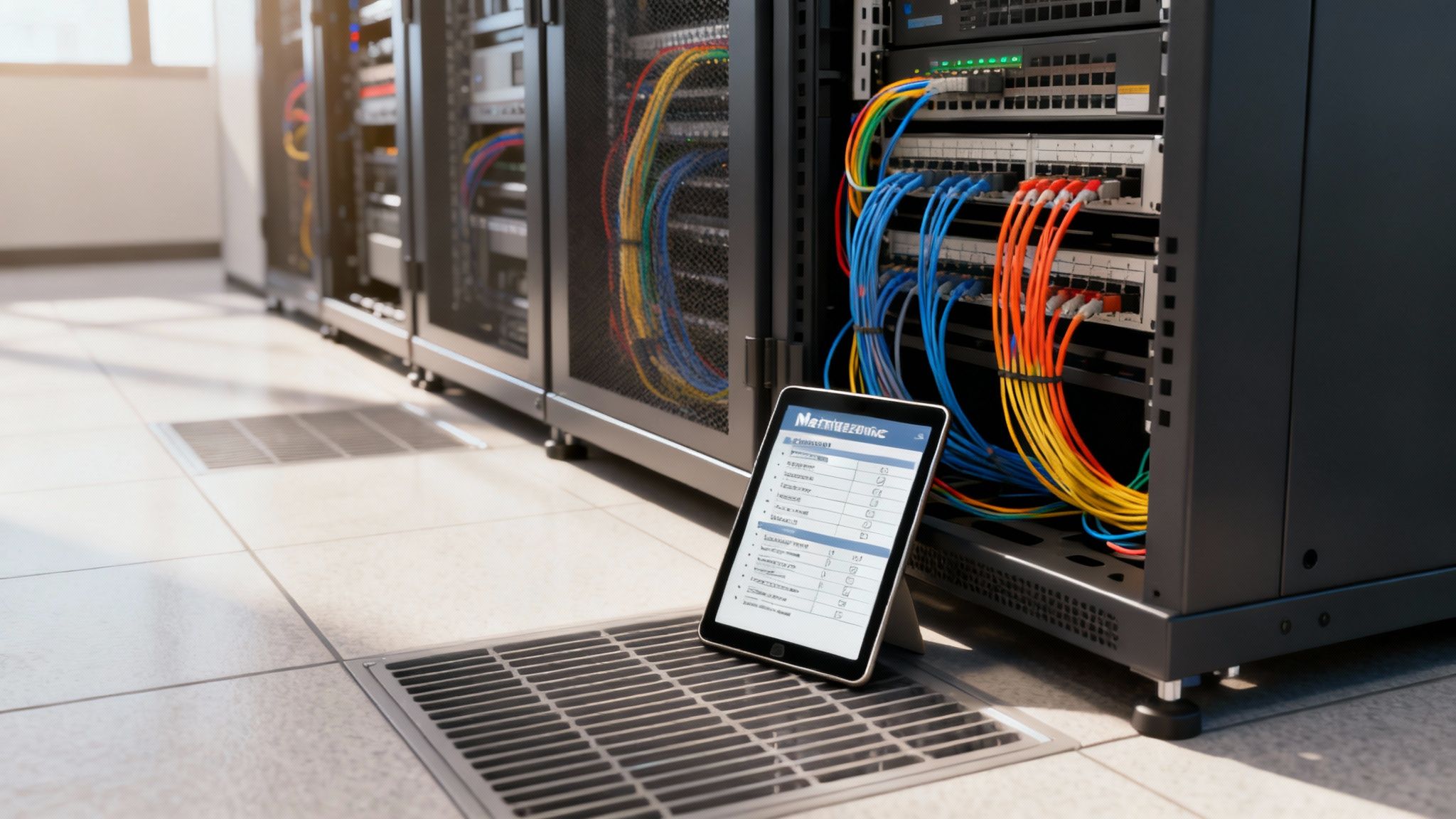 A professionally organised server rack showing expert optical fibre cable management.