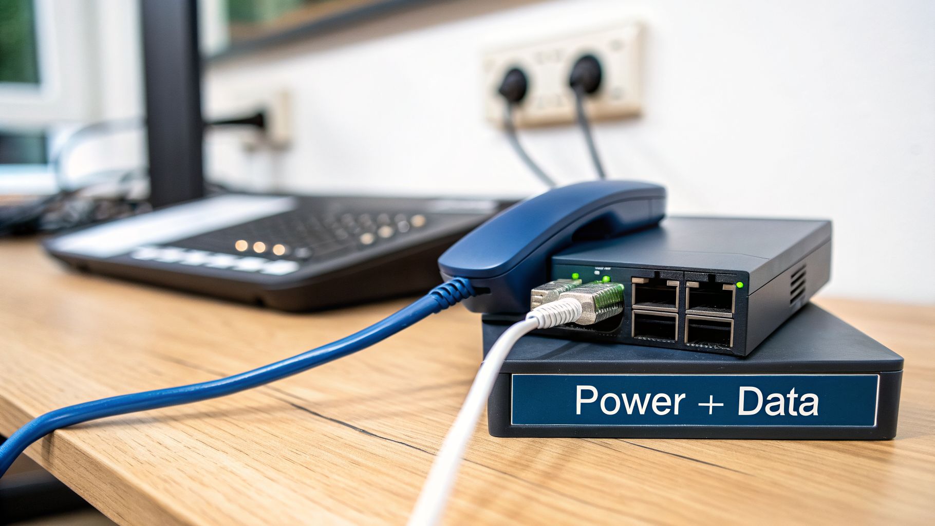 A PoE network switch with an IP phone and cables on a wooden desk, labeled 'Power + Data'.