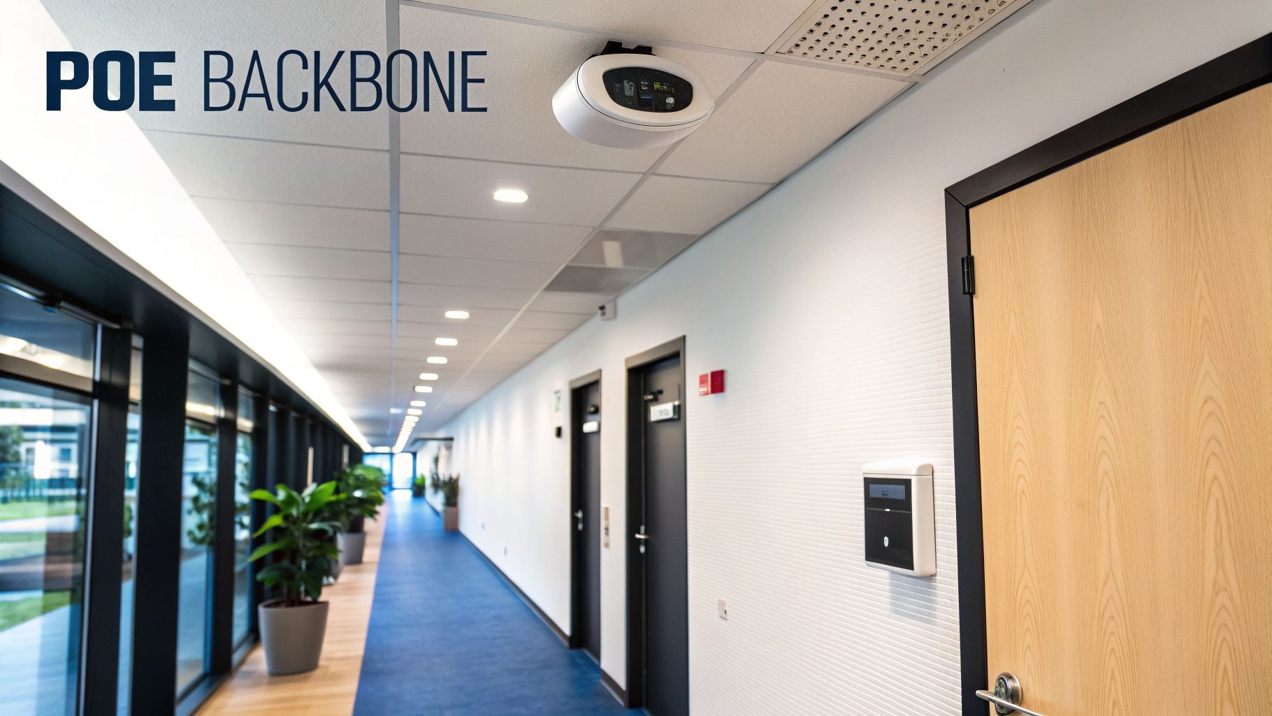 Modern office hallway with a ceiling-mounted PoE device, large windows, and multiple doors.