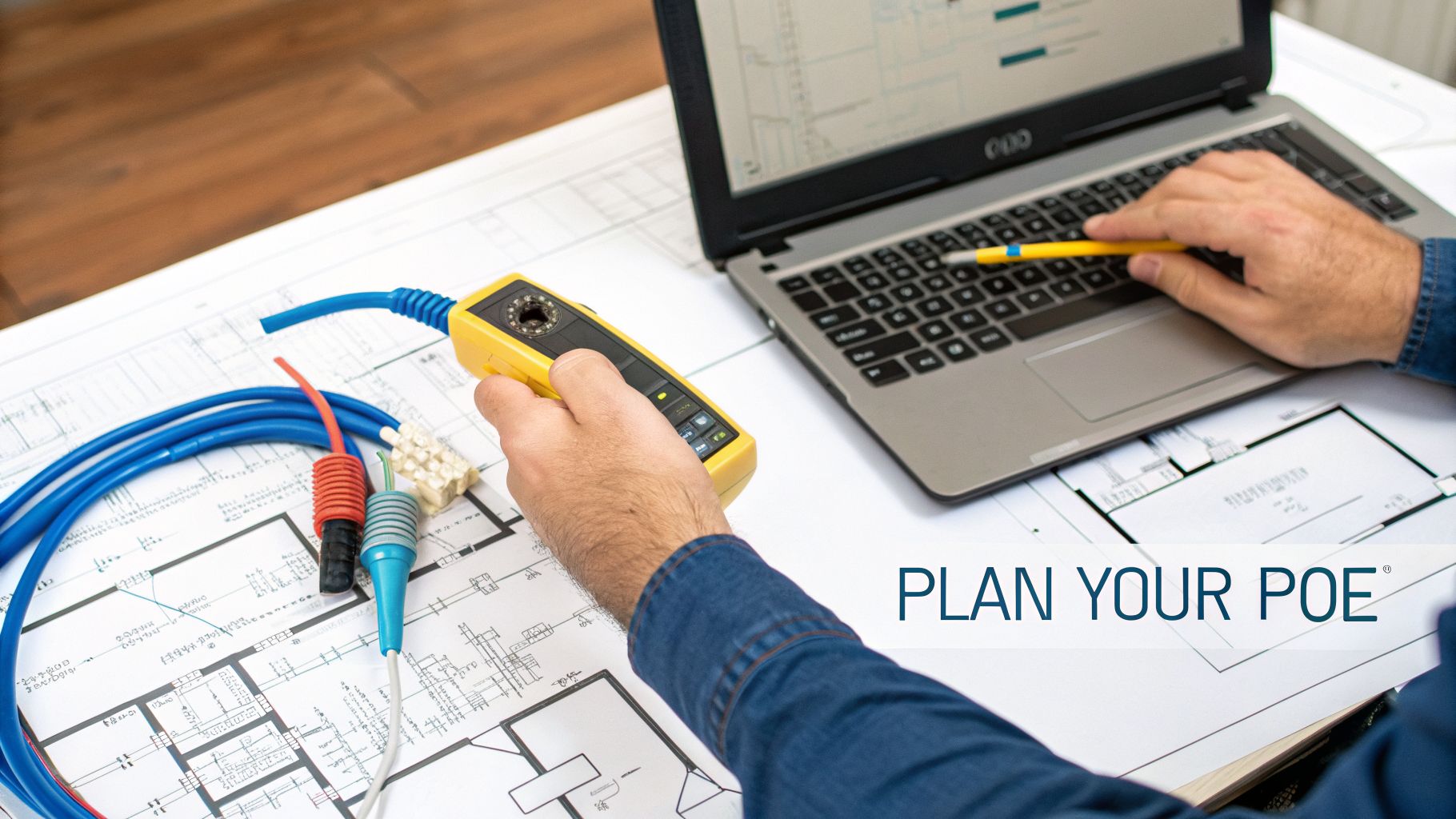 Engineer planning a PoE network on blueprints, using a laptop, cable tester, and various cables.
