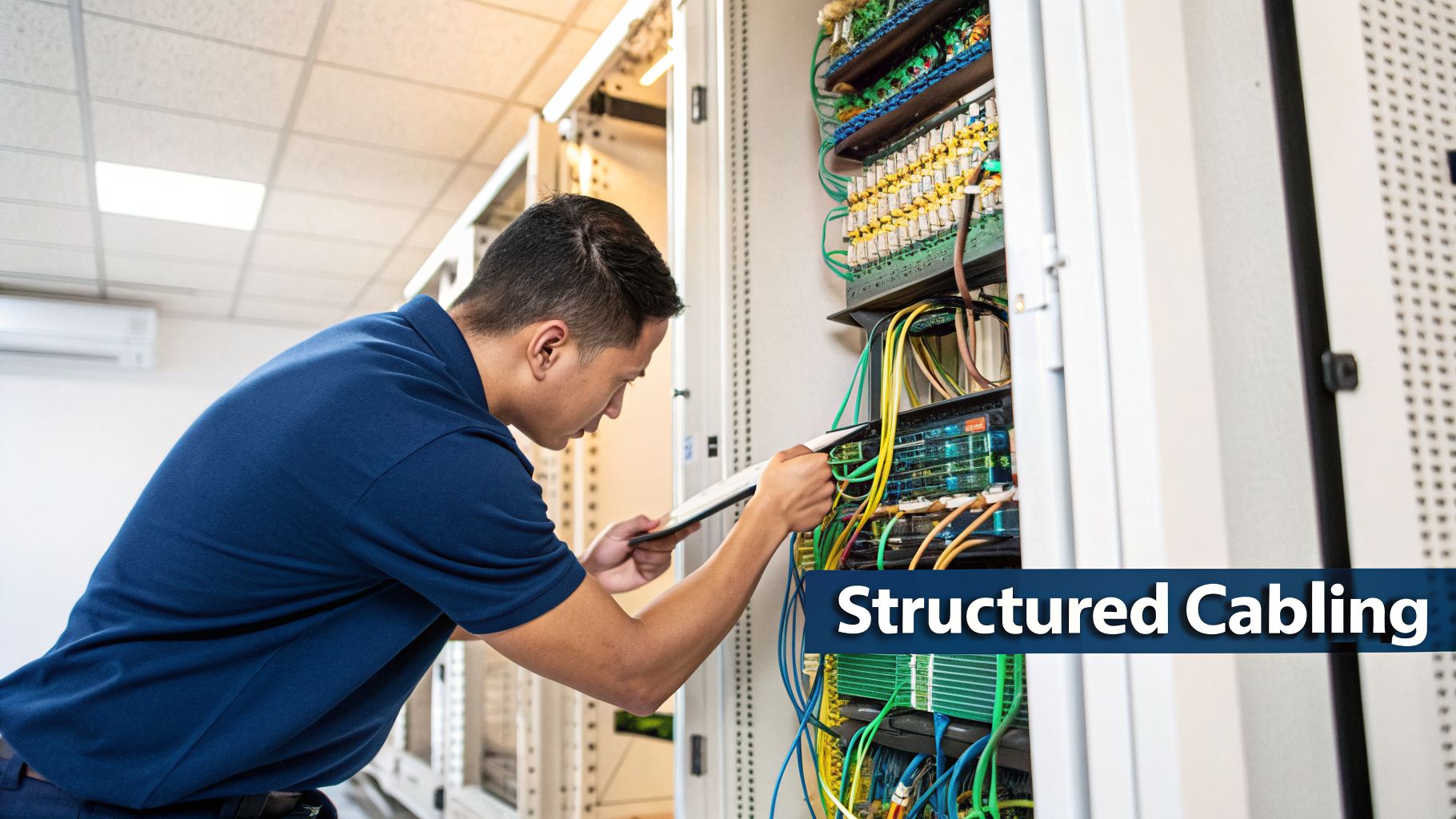 A technician works on structured cabling inside a server rack, holding a tablet.