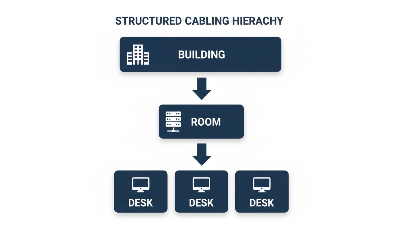 A diagram illustrating the structured cabling hierarchy, showing connections from a building to rooms and individual desks.
