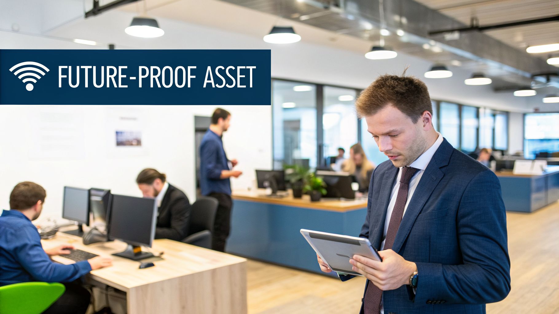 A man in a suit uses a tablet in a busy modern office with a 'Future-Proof Asset' banner.