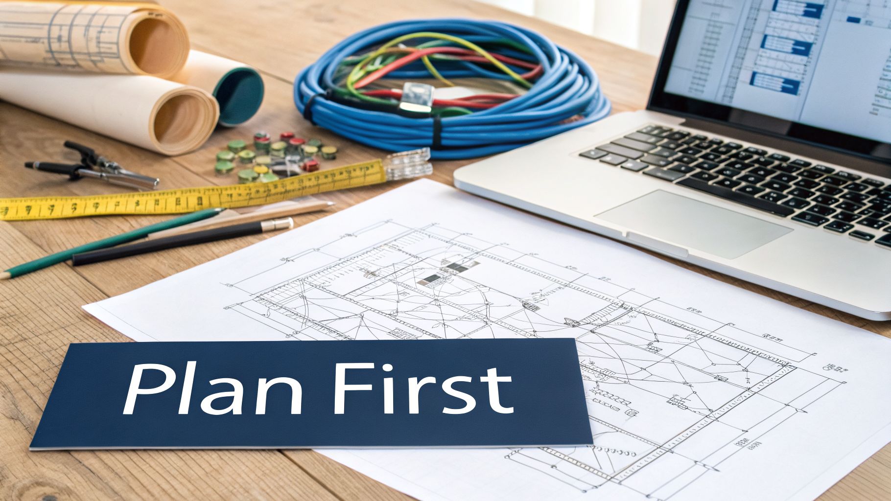 A desk with blueprints, a laptop, various tools, cables, and a 'Plan First' sign.