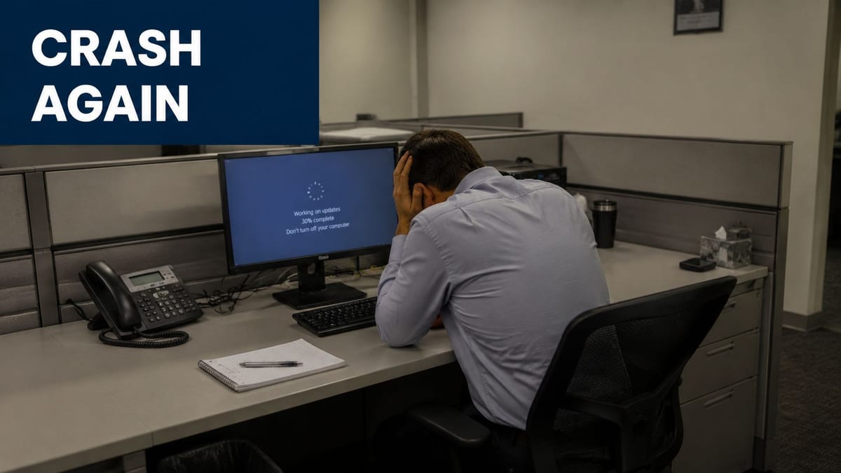 A frustrated office worker sits at a desk with his head in his hands while his computer updates.