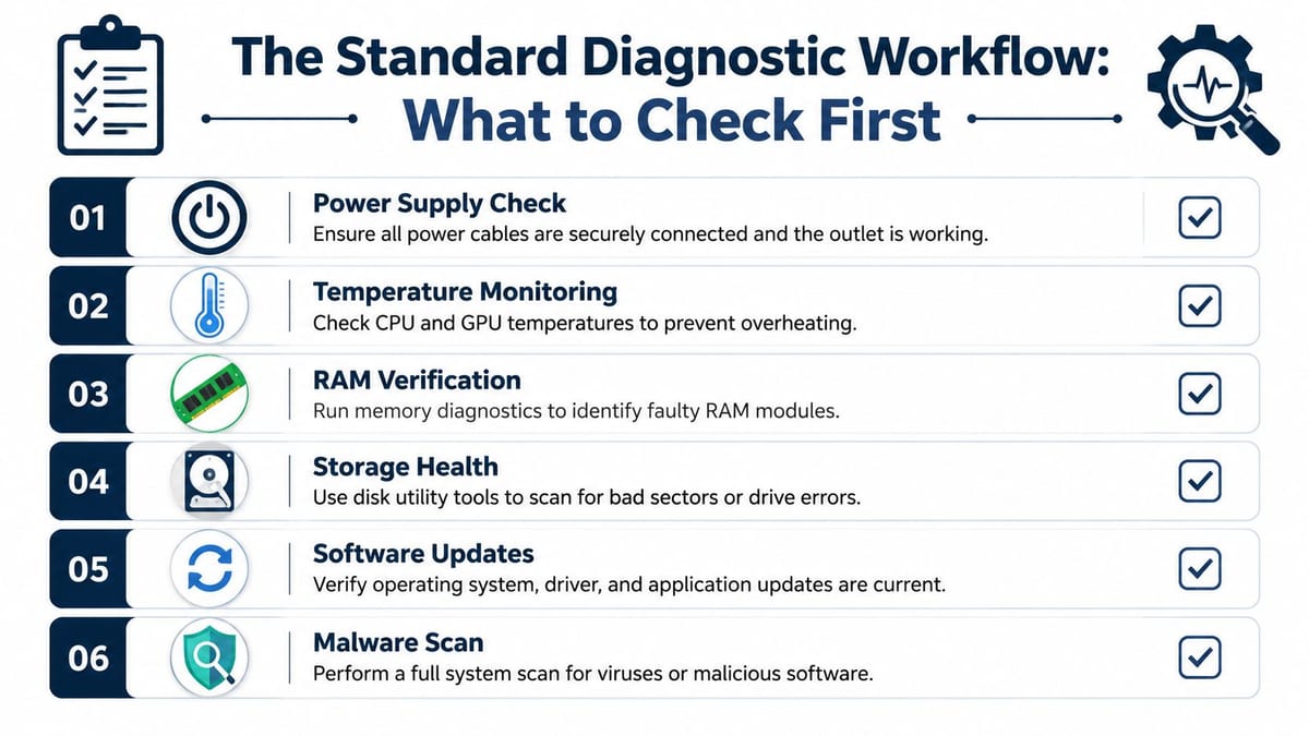 A diagnostic workflow checklist showing six essential steps to troubleshoot common computer hardware and software issues.