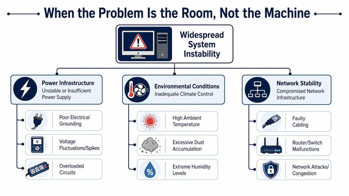 A diagnostic infographic illustrating environmental, power, and network infrastructure factors causing widespread computer system instability.