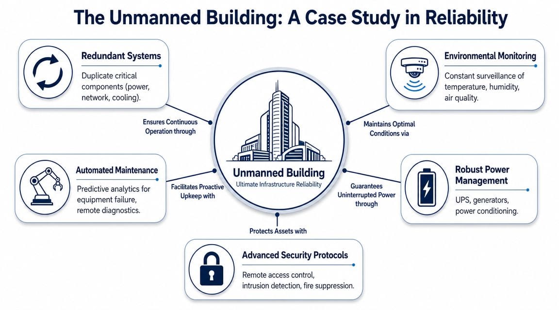 A diagram illustrating the core infrastructure components that ensure the reliability of an unmanned building system.