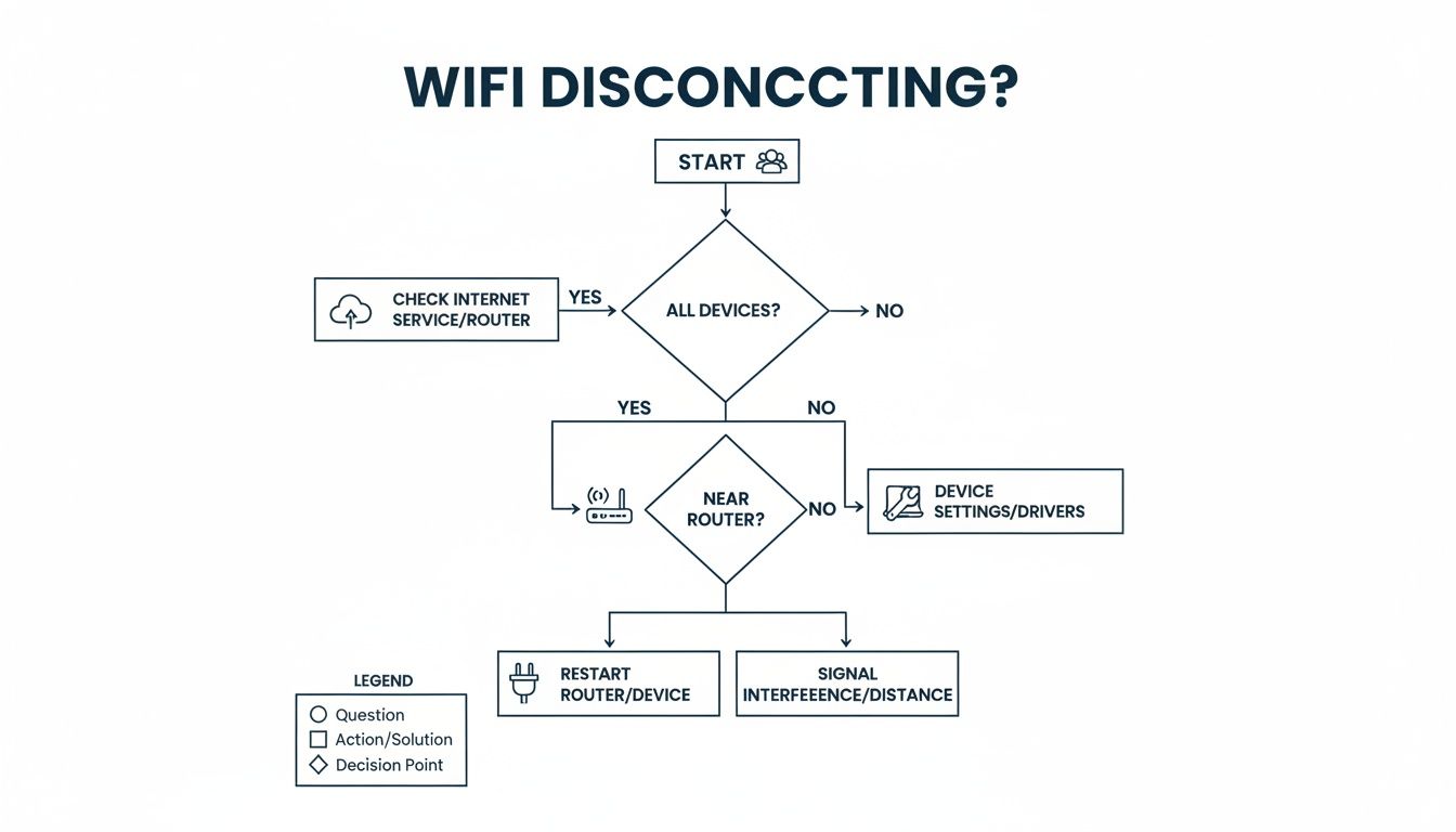 A flowchart guiding users through troubleshooting steps for Wi-Fi disconnection problems.