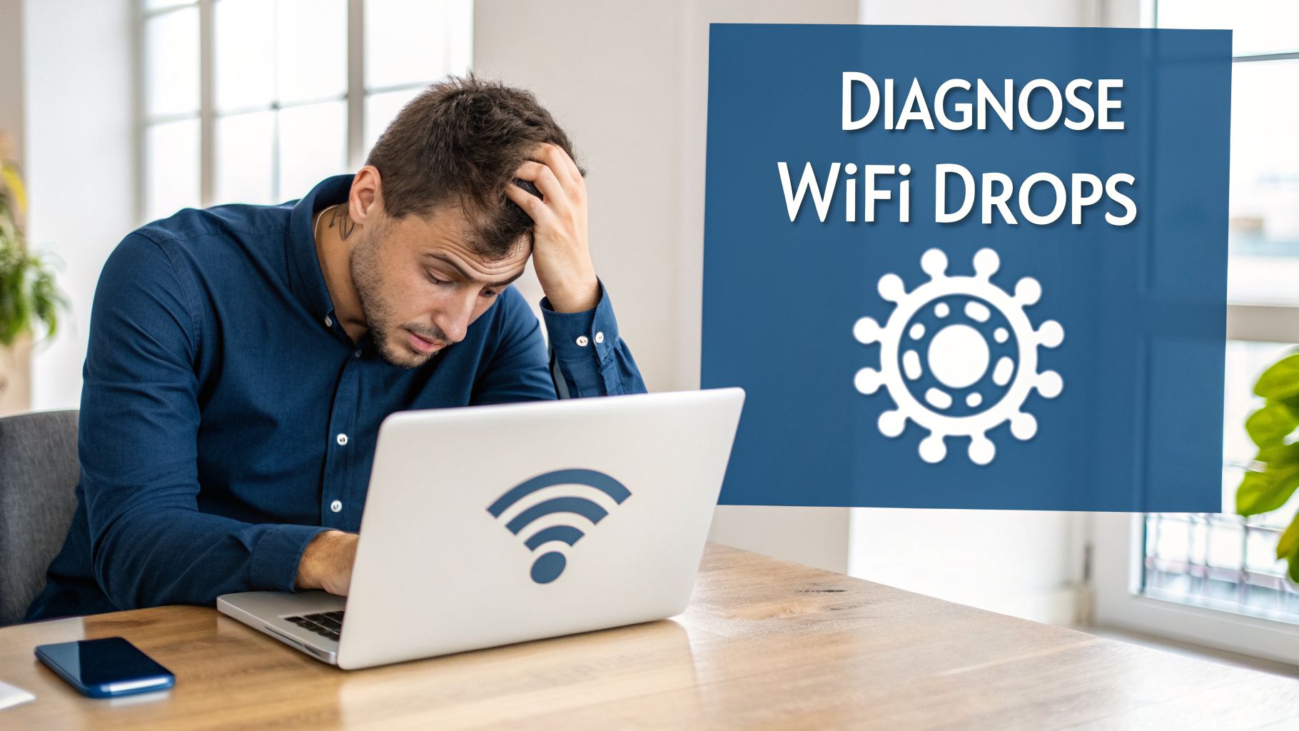 A frustrated man looks at his laptop with a Wi-Fi logo, next to a blue banner saying "Diagnose WiFi Drops" and a gear icon.