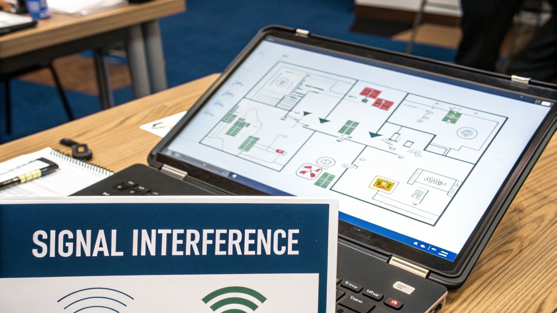 Laptop on a wooden desk showing a building floor plan with red signal interference zones.