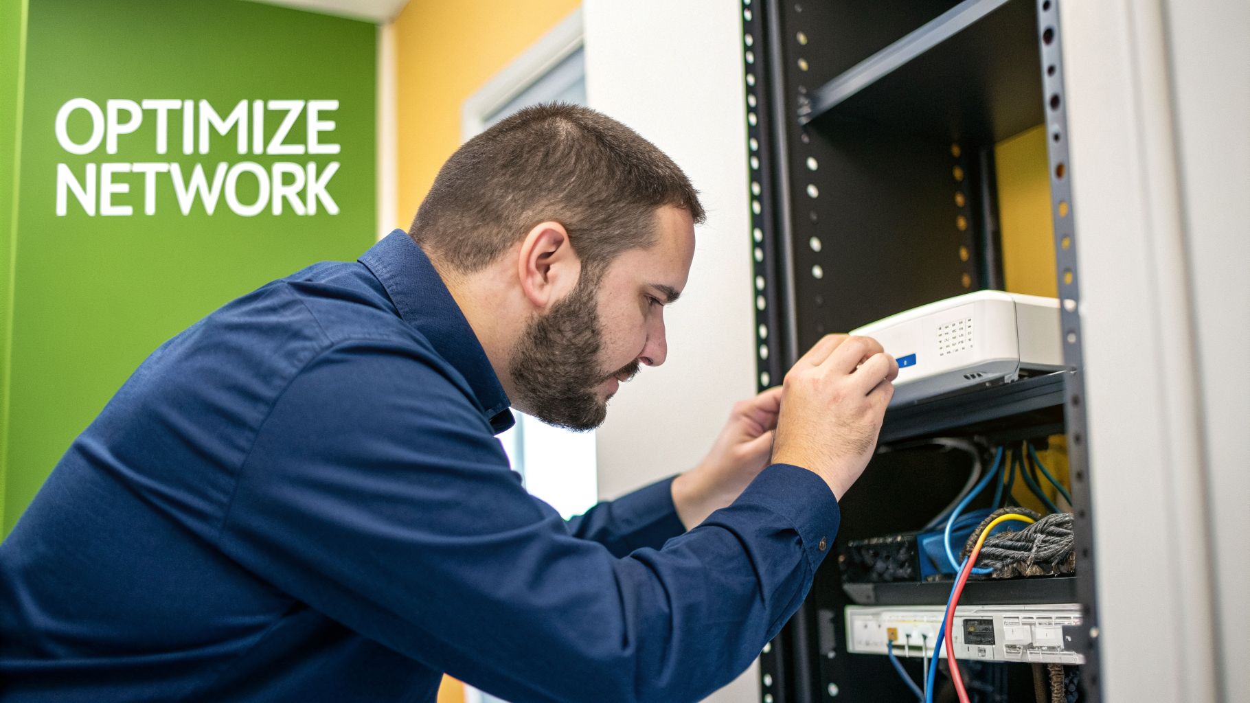 A man optimizes network equipment in a server rack, with "OPTIMIZE NETWORK" text on a green wall.