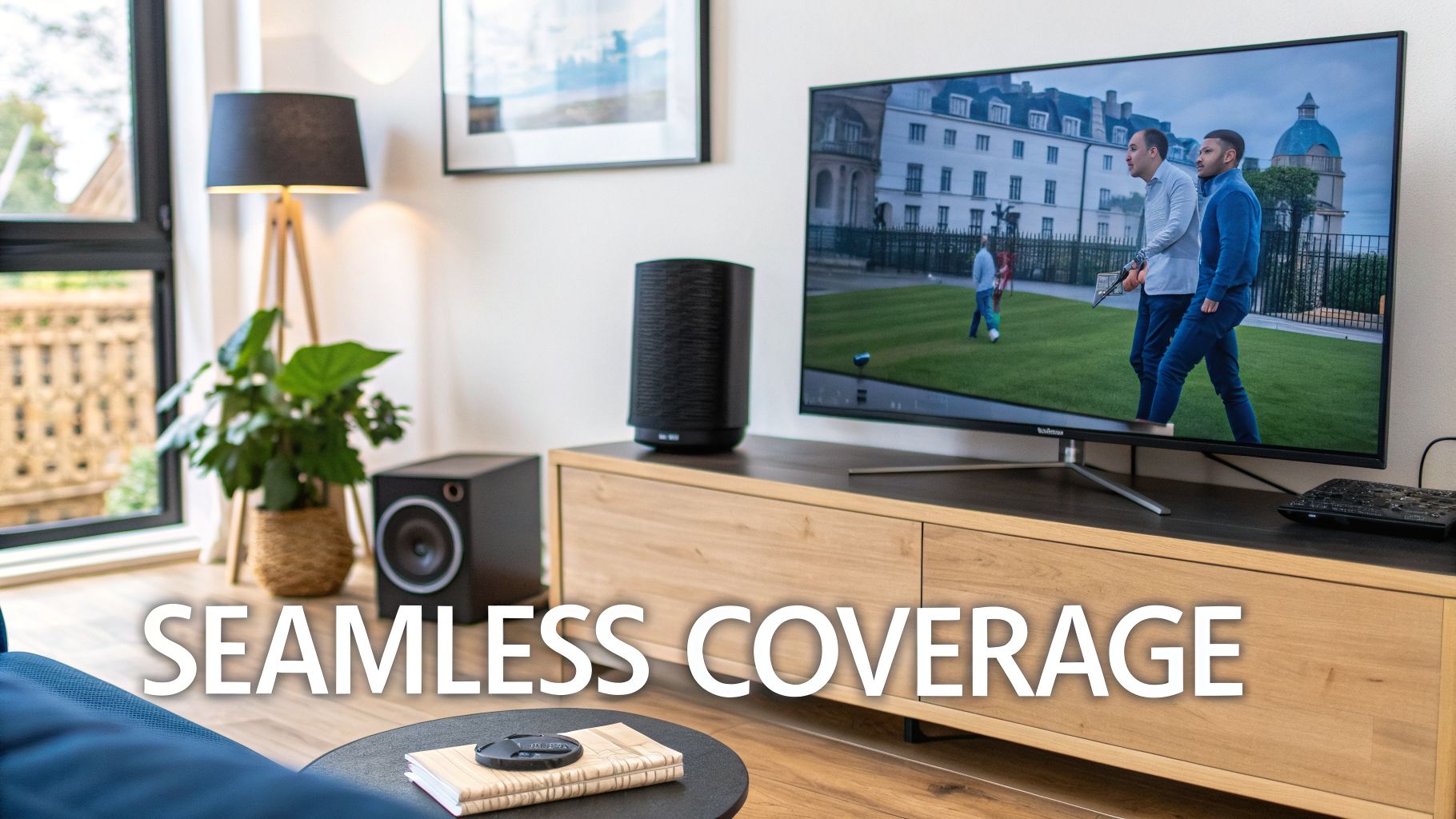 Stylish living room featuring a large TV, modern speaker system, and contemporary home decor.