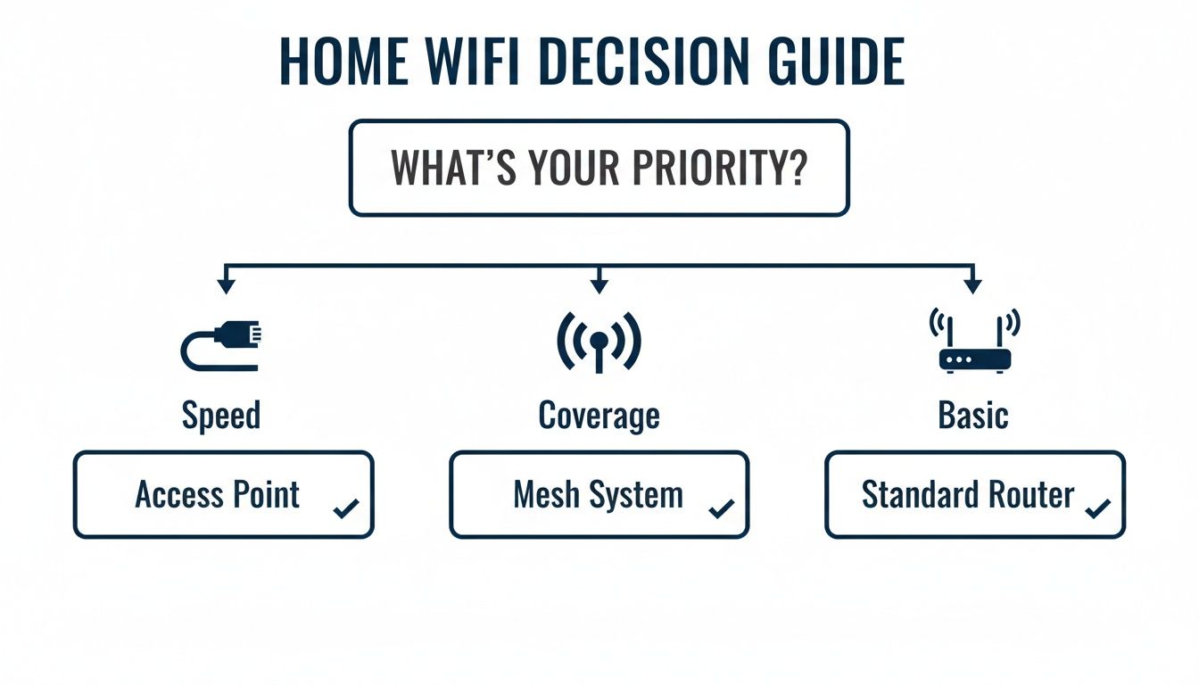 Home WiFi decision guide flowchart showing choices for speed, coverage, and basic needs.