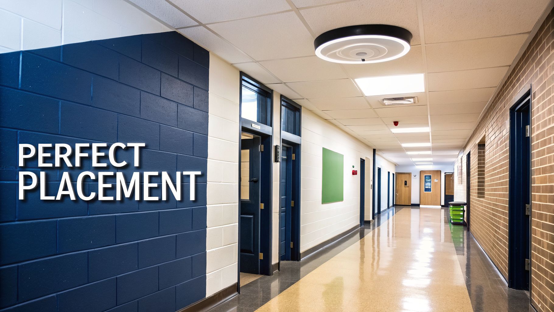A brightly lit school hallway with blue and white walls, multiple doors, and shiny floors.