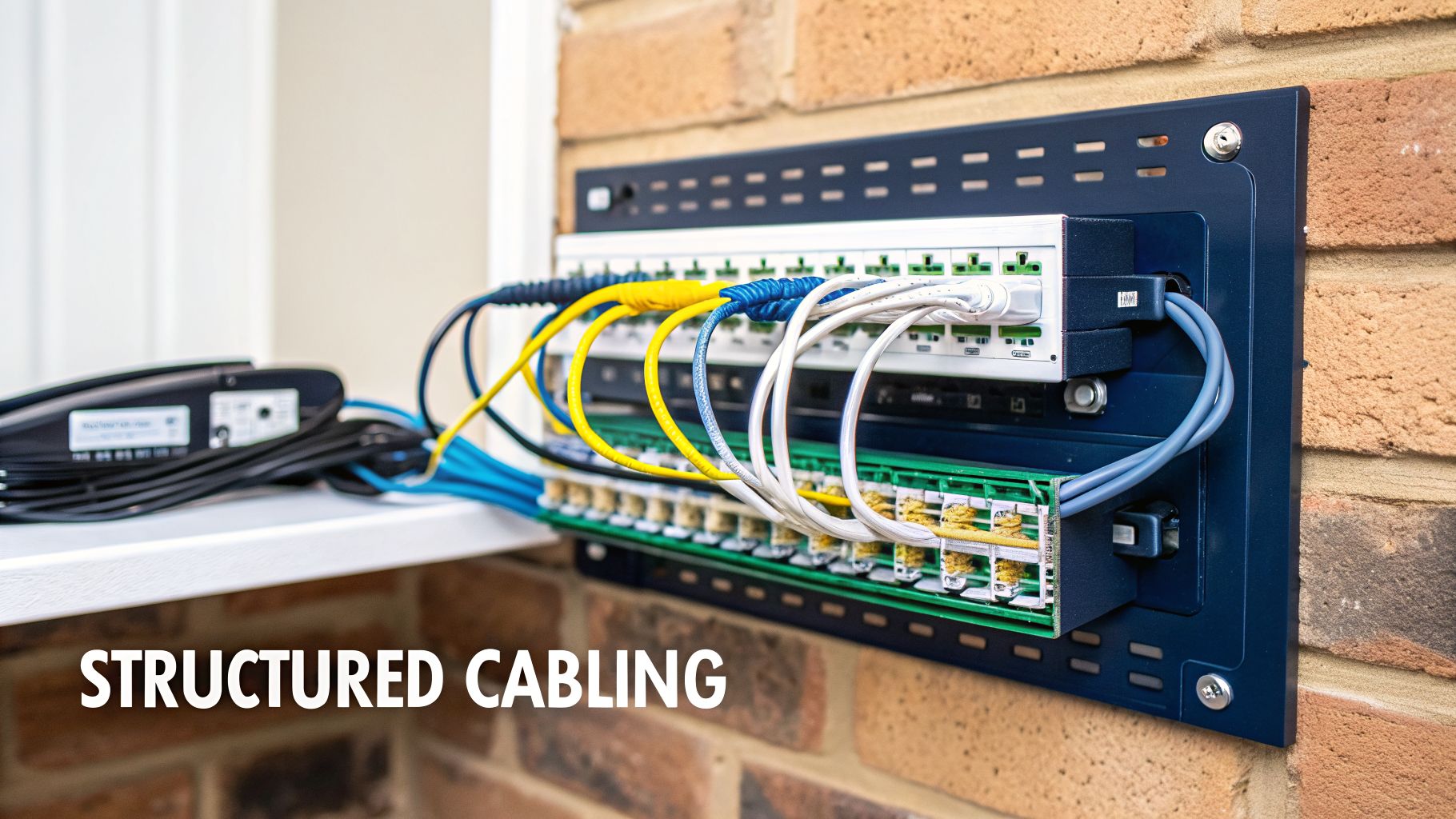 A wall-mounted network cabinet showing structured cabling with patch panels and colorful Ethernet cables.
