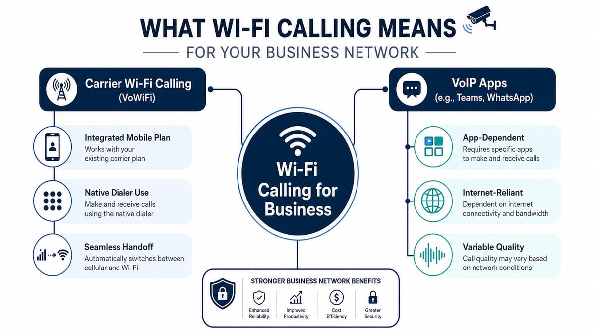 An infographic illustrating the differences between Carrier Wi-Fi calling and VoIP apps for business networks.