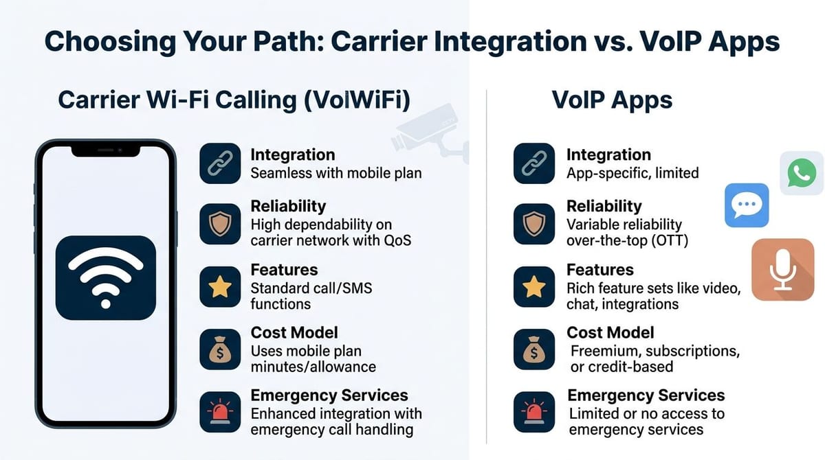 A comparative infographic highlighting the key differences between Carrier Wi-Fi calling and third-party VoIP applications.