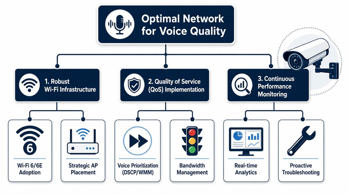 An infographic showing the three essential pillars for achieving an optimal network for high voice quality.