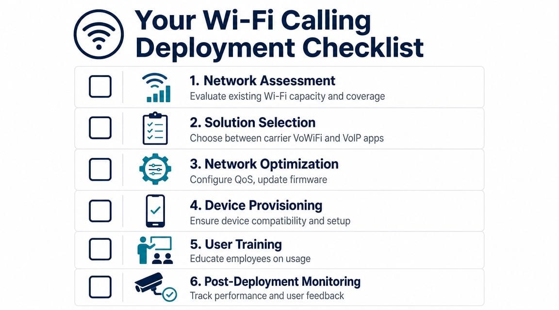 A six-step infographic checklist for businesses to successfully deploy and manage Wi-Fi calling systems effectively.