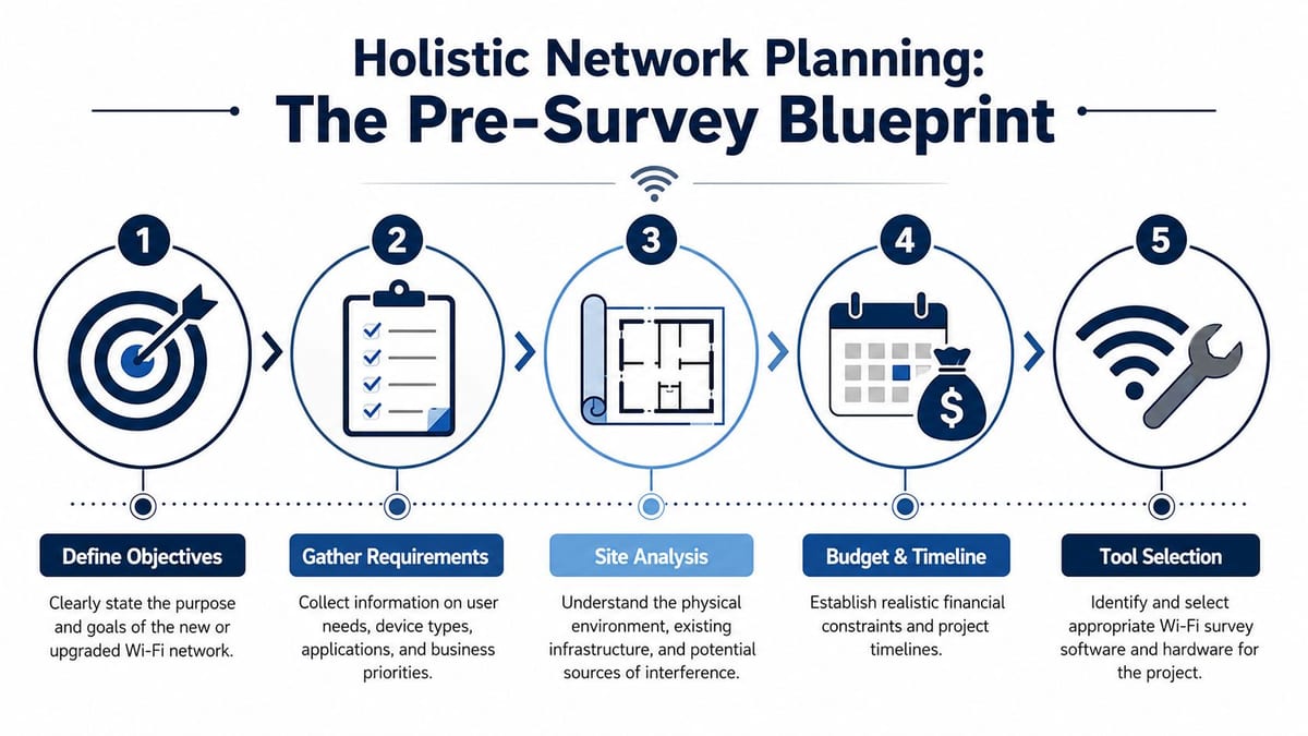 A flowchart infographic titled Holistic Network Planning: The Pre-Survey Blueprint outlining five essential steps for network design.