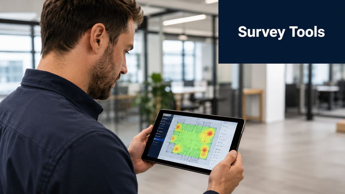 A professional man holding a tablet that displays a Wi-Fi signal heatmap of an office floor plan.