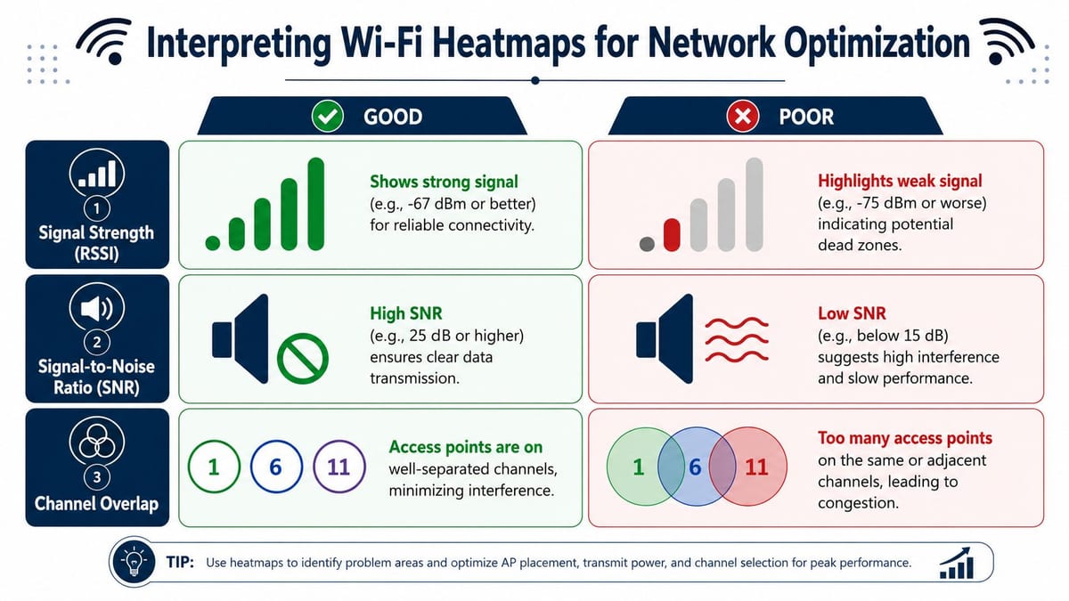 An infographic showing how to interpret Wi-Fi heatmaps, focusing on signal strength, signal-to-noise ratio, and channel overlap.